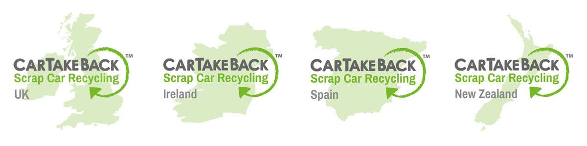 CarTakeBack logos and country maps for each, UK, Ireland, Spain and New Zealand